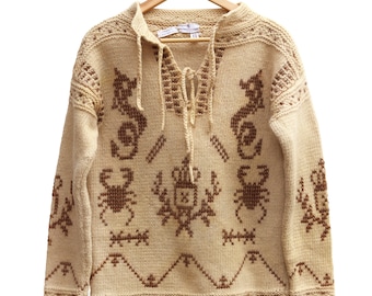 English Sports Shop Vintage Embroidered Tunic Sweater Beach Boho 70's Rich Hippie Crab Seahorse Cream Long Sleeve Brown Resort wear Thick