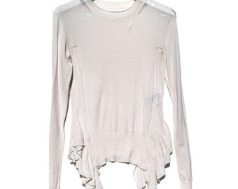 Y2K Off White Fine Knit Crew Neck Sweater Ruffle Hem Frill Mesh Delicate Pullover XS Size 2 Bodycon Spring Summer Knitwear