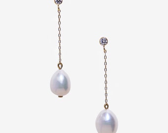 Long pearl & diamond drop earrings / Freshwater pearl earrings / Oval pearl dangle earrings / CZ pearl bridal wedding / 14k gold filled