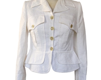 1980&#39;s Christian Lacroix Jacket White Fitted Jacket Floral Jacquard Fabric Jeweled Buttons Vintage Peplum Jacket Made in France 80&#39;s Jacket