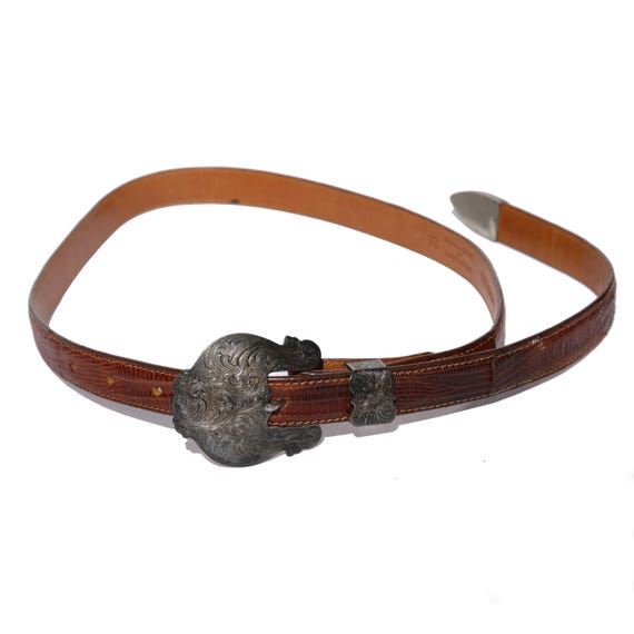 Al Beres Brown Leather Lizard Skin Western Belt Sterling  display picture 3