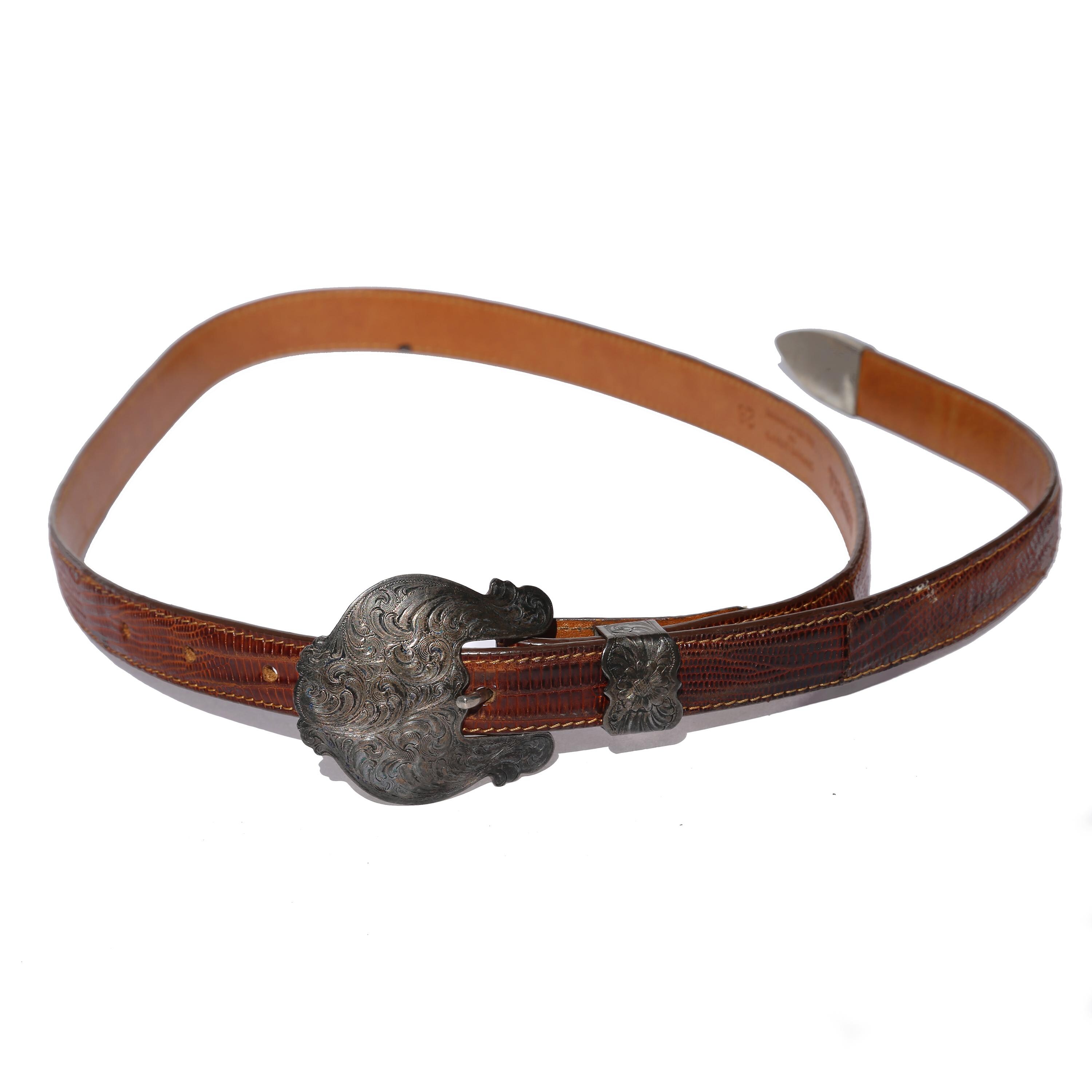 Al Beres Brown Leather Lizard Skin Western Belt Sterling 