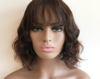 Dark Brown Human Hair Wigs For Women Short Wig With Bangs Wig For Black Women Short Bob Curly Hair Wig Natural Looking 8 Inches