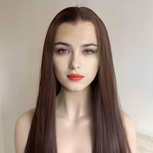 ダークブラウン レースフロントウィッグ 女性用 ロングストレート ウィドウズピーク ヘアラインウィッグ なめらかヘア 女性用 リアルウィッグ ナチュラルルック 22インチ