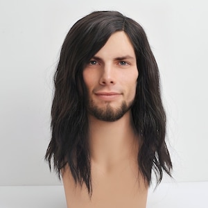 May include: A long, dark brown wig with a side part and wavy texture. The wig is styled on a mannequin head.