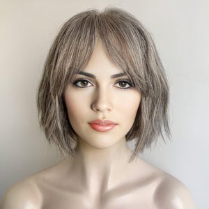 Grey Human Hair Wigs For Women Lace Front Wig With Bangs Gray Silver Salt And Pepper Wig Short Bob Slight Wavy Chemo Alopecia Wig