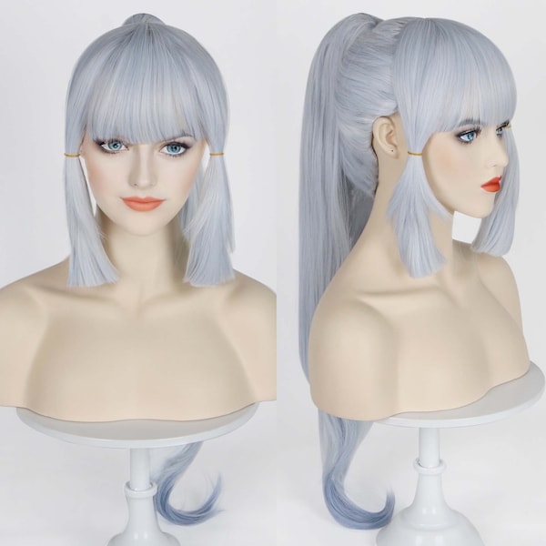 Women Ombre Greyish Blue Long Straight Layers Top Ponytail Japanese Princess Style Cosplay Wig