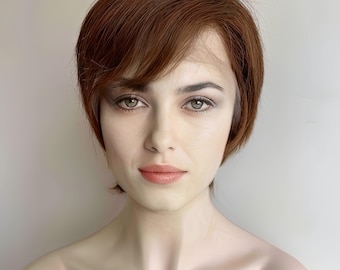 Braun Echthaar-Perücken für Frauen-Spitze-Front-Perücke mit Pony-Braun Pixie-Schnitt-Perücken Kurzes glattes Haar-Perücke Seitenteil 13 X 6 Glueless Chemo Perücke
