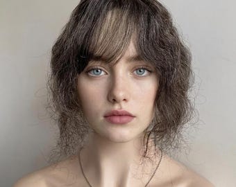 Women Dark Gray Human Hair Topper Salt Pepper For Thinning Hair Curly Clip-In Bangs