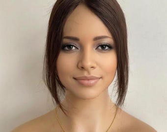 Dark Brown Women Human Hair Topper Straight Middle Part Clip-In Wiglet Lace Base