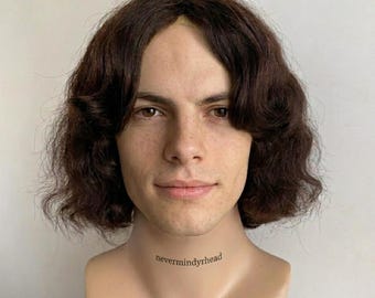 Men's Dark Brown Human Hair Wig: Wavy Bob with Curtain Bangs – Cosplay Theatre Style