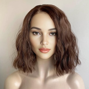 Dark Brown Lace Front Wig For Women Short Bob Wavy Curly Wig Natural Looking Hair Wig Side Part Hairline Frontal Lace Realistic Wig