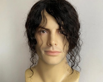Men Black Long Curly Human Hair Wig 80s Legend Pop Icon Inspired Tribute Cosplay