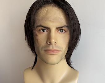 Men Black Human Hair Wig Wolf Cut Mullet Curtain Bangs Short Straight Lace Front