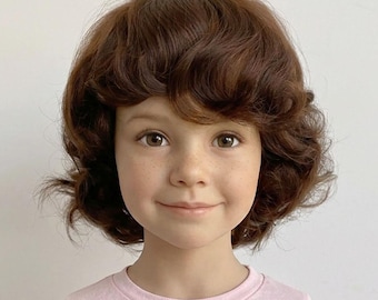 Kids Wig Girls Dark Brown Human Hair With Bangs Short Curly Children Chemo Cosplay