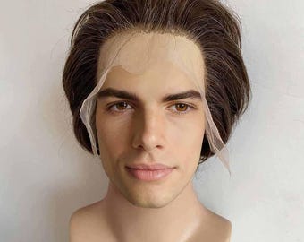 Men Human Hair Wig Dark Brown Salt & Pepper Silver Gray Short Mature Male Wigs