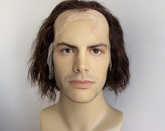 Men Human Hair Wig Dark Brown Receding Hairline Short Curly Lace Front Costume Cosplay