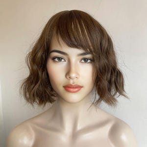 Dark Brown Curly Wig For Women Short Bob Wig With Bangs Brown Wavy Water Wave Female Wig Natural Looking Glueless Cosplay Wig