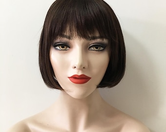 Women Very Dark Brown Real Human Hair Short Round Bob Straight Fringe Bangs Wig 8 inches