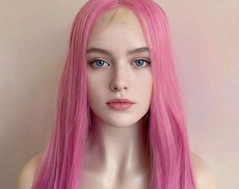 Women Lace Front Wig Rose Pastel Pink Long Straight Middle Part Cosplay Costume Anime