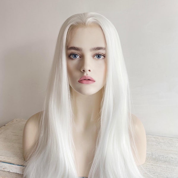 Parrucca realistica da donna, in pizzo bianco, lungo dritto, con punta della vedova, attaccatura dei capelli, capelli lisci, 22 pollici