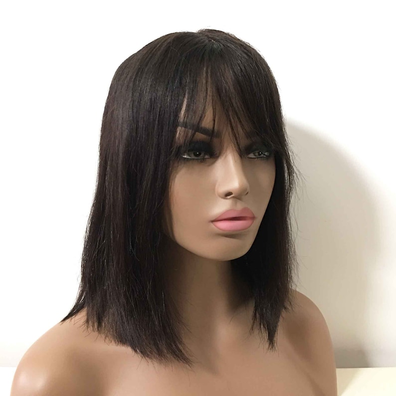 Women black real human hair shoulder length straight bob wig