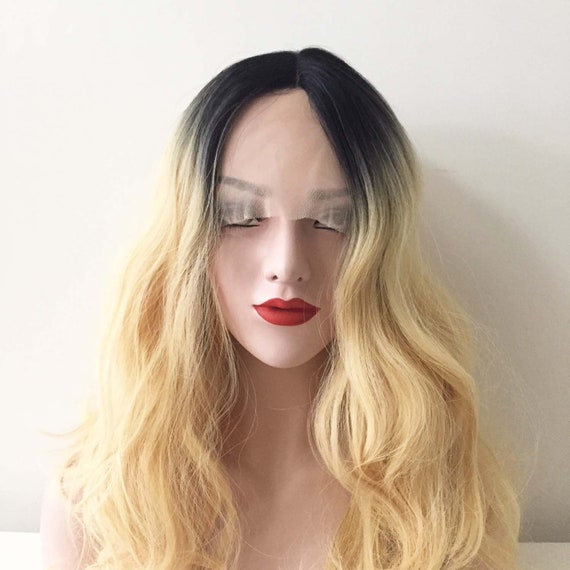 Women Lace Front Ombre Blonde Black Middle Part Curly Wavy Etsy