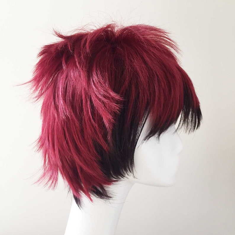 Ombre Red Black Short Layers Hair Fringe Bangs Cosplay Anime Wig Free Cap