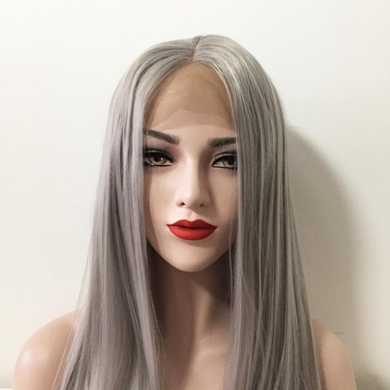 Women Gray Lace Front Middle Part Long Straight Blunt End Hair Etsy
