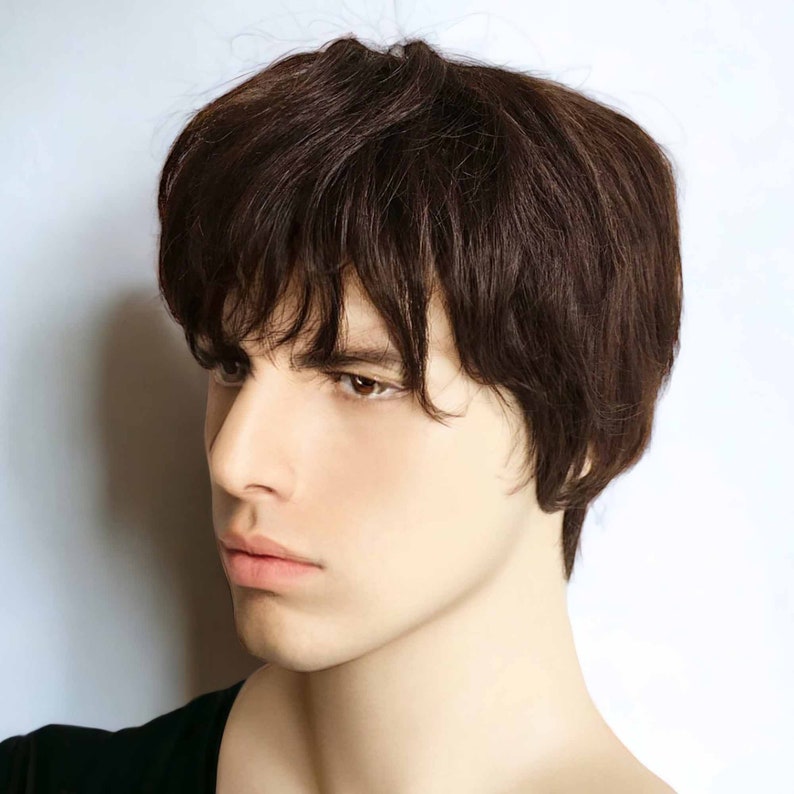 Men Dark Brown Real Human Hair Shaggy Textured Natural Fringe Bangs Short Straight Wig