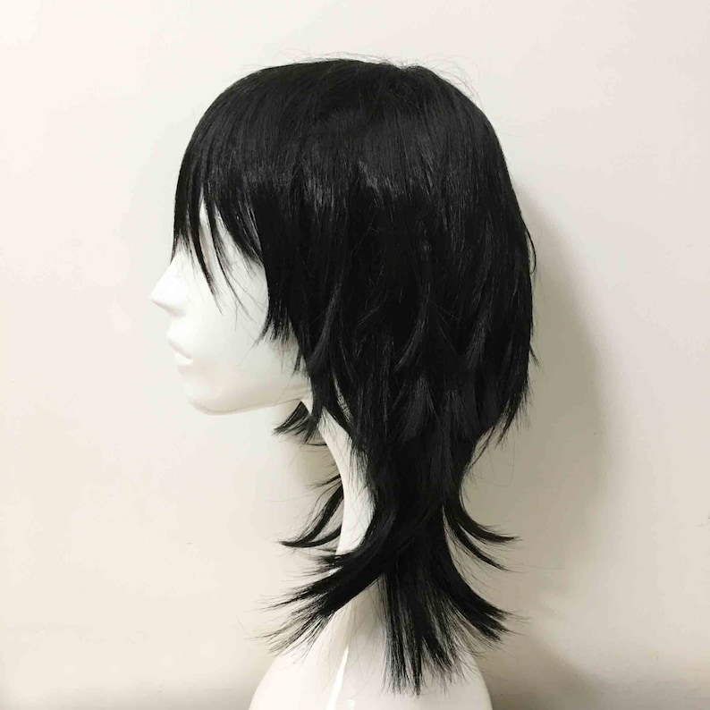 Unisex Black Mullet Layered Fringe Bangs Medium Length image 2