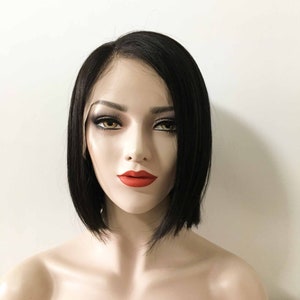 Women Black Lace Front Natural Brazilian Real Human Hair Short Straight Bob Style Side Part Wig 8 inches