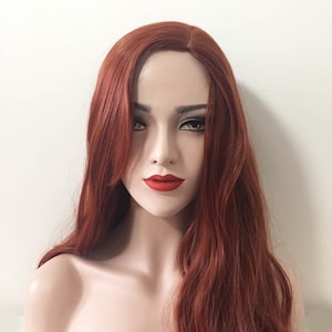 女性用オーバーンレッドトーンブラウンディープサイドパートウェーブロングヘアカジュアルウィッグ