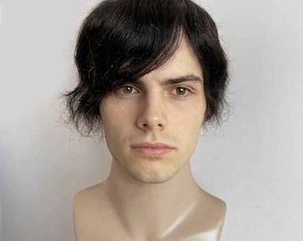 Men's Black Human Hair Toupee | Mono Base Hair System Replacement With Bangs