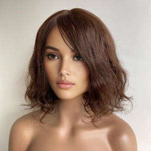 Dark Brown Human Hair Wig For Women Short Bob Curly Wig With Bangs Straight Real Hair Long Bangs Ladies Wig Natural Chemo Wig