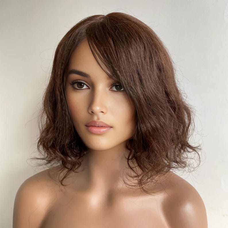 Dark Brown Human Hair Wig For Women Short Bob Curly Wig With Bangs Straight Real Hair Long Bangs Ladies Wig Natural Chemo Wig