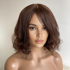 Dark Brown Human Hair Wig For Women Short Bob Curly Wig With Bangs Straight Real Hair Long Bangs Ladies Wig Natural Chemo Wig