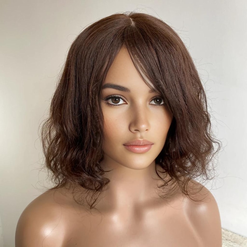 Dark Brown Human Hair Wig For Women Short Bob Curly Wig With Bangs Straight Real Hair Long Bangs Ladies Wig Natural Chemo Wig