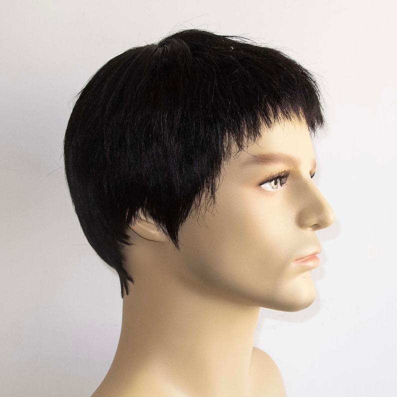 Men Black Real Human Hair Very Short Straight Flat Very Short Fringe Bangs Wig