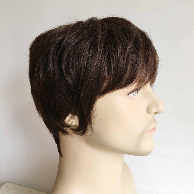 Men Dark Brown Real Human Hair Shaggy Textured Natural Fringe Bangs Short Straight Wig