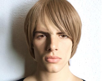 Asbruine pruik met pony heren kort steil haar retrostijl zachte lange pony cosplay