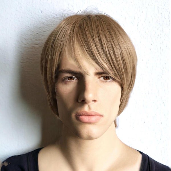 Men Ash Brown 60's Retro Inspired Mod Style Short Straight Hair Soft Long Bangs Cosplay Anime Wig