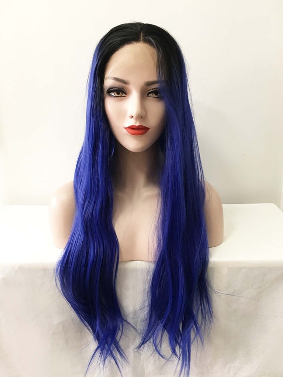 Women Lace Front Ombre Black Blue Dark Root Middle Part Long Straight Hair Wig 24inches