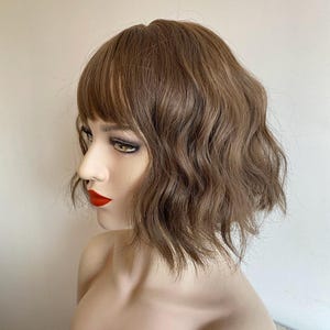 Dark Brown Curly Wig Short Bob Wig With Bangs Brown Women Wavy Water Wave Female Wig Natural Looking Glueless Wig