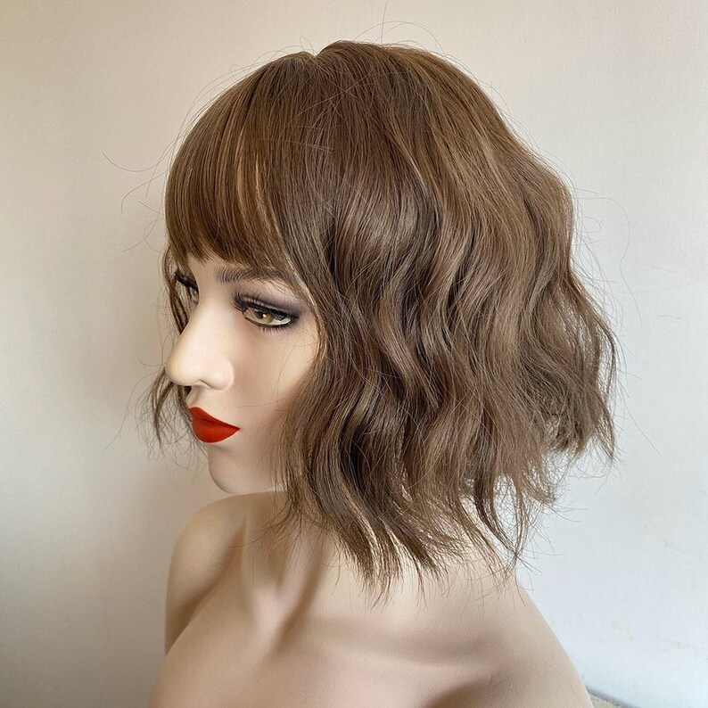 Dark Brown Curly Wig Short Bob Wig With Bangs Brown Women Wavy Water Wave Female Wig Natural Looking Glueless Wig