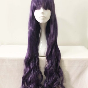 Women Purple Extra Long Curly Wavy Bob Bangs Anime Cosplay Wig Free CAp image 2