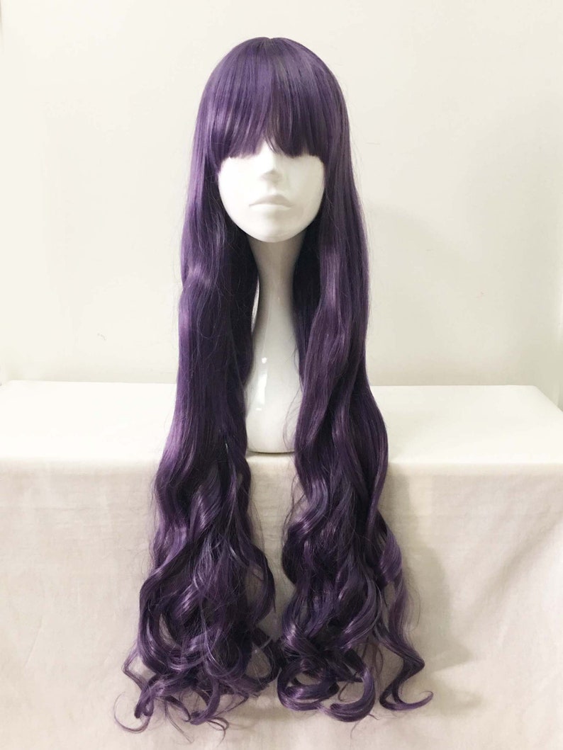 Women Purple Extra Long Curly Wavy Bob Bangs Anime Cosplay Wig Free CAp image 2