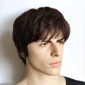 Men Dark Brown Real Human Hair Shaggy Textured Natural Fringe Bangs Short Straight Wig