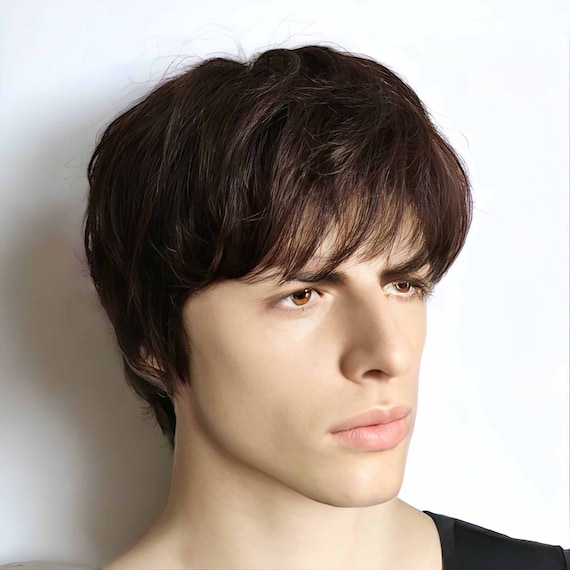 Short Messy Straight Hair Men Men Dark Brown Real Human Hair