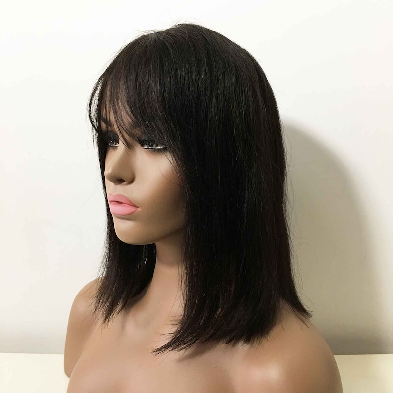 Women black real human hair shoulder length straight bob wig